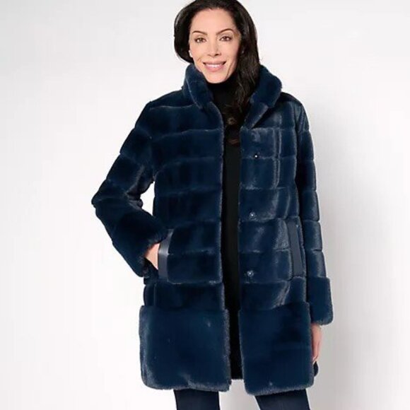 Dennis Basso Pelted Faux Fur Jacket/Coat with Stand Collar Size XL Slate Blue - Picture 1 of 6